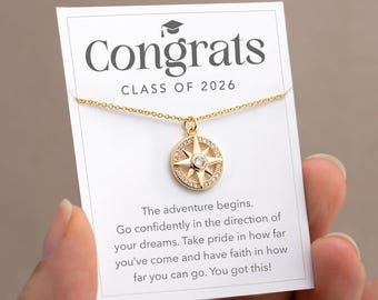 Class of 2026 Graduation Gift, Dainty CZ Compass Necklace, Gift for High School Senior Grads, College Graduation Jewelry, Gold Filled Chain