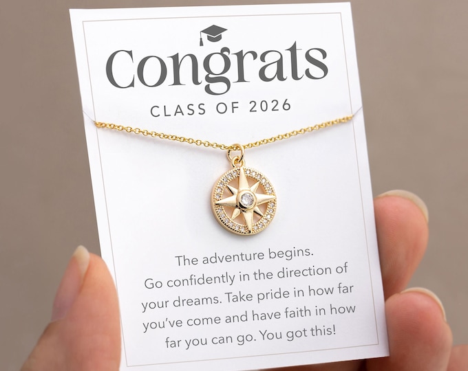 Class of 2026 Graduation Gift, Dainty CZ Compass Necklace, Gift for High School Senior Grads, College Graduation Jewelry, Gold Filled Chain