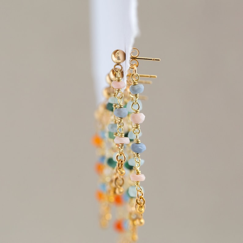 Beaded Dangle Studs, Colorful Gemstone Front and Back Stud Earrings, Tassel Lightweight Ear Jackets, Wire Wrapped Crystals, Summer Jewelry image 4