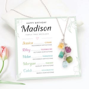 Silver Raw Crystal Dainty Birthstone Necklace for Grandma, Personalized Birthday Card with Kid's Names Meaningful Family Jewelry Gift