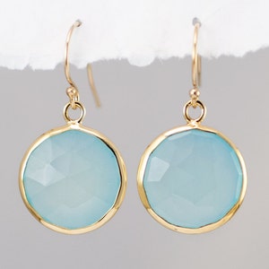 Aqua Blue Chalcedony Earrings, Seafoam Green Earrings, March Birthstone Round Gemstone Earrings, Aquamarine Dangle Drop, Birthday Gift
