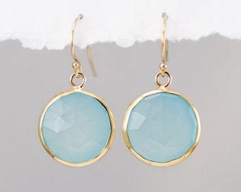 Aqua Blue Chalcedony Earrings - Seafoam Green Earrings - Round Gemstone Earrings - Gold Earrings - Drop Earrings