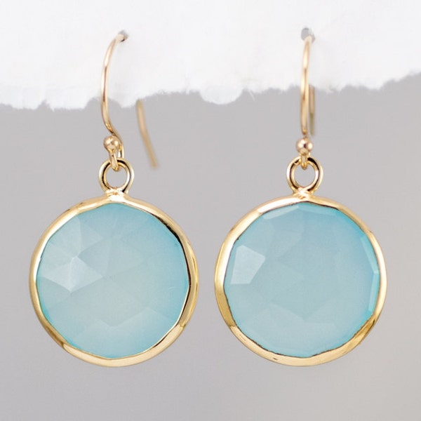 Aqua Blue Chalcedony Earrings, Seafoam Green Earrings, March Birthstone Round Gemstone Earrings, Aquamarine Dangle Drop, Birthday Gift