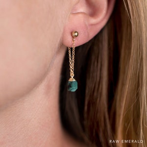 Raw Diamond Chain Stud Earrings, Gold Filled Herkimer Diamond Hoop Chain, Minimalist Jewelry, Gemstone Stud Drop Earrings, Bridesmaid Gift image 4