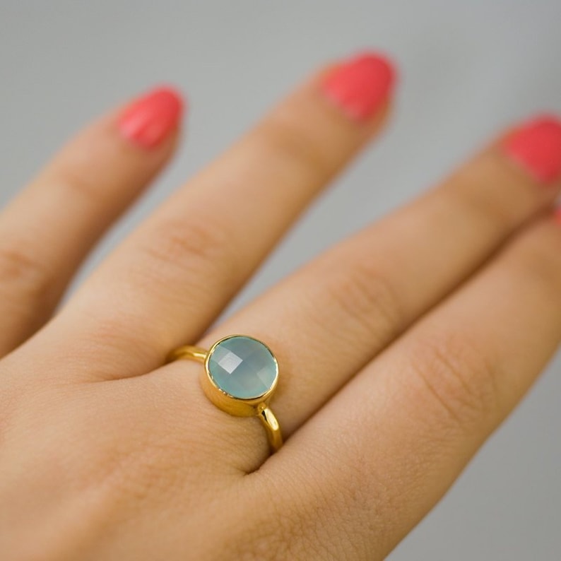 Aqua Blue Chalcedony Ring Silver Stackable Ring Sea Foam Green Ring Tear Drop Ring Solitaire Ring image 7