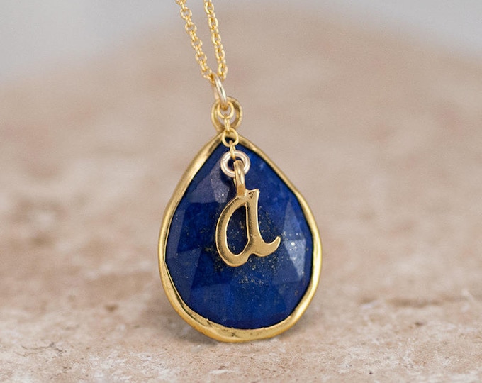 Lapis Lazuli Necklace, Monogram Initial Necklace, Natural Lapis Tear Drop Pendant, Natural Lapis, New Mama Gifts, Custom Gift, NK-15