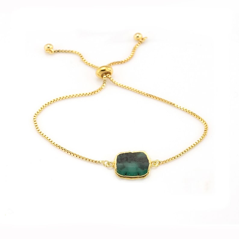Raw Emerald Crystal Bracelet, May Birthstone Bracelet, Birthday Gift for Her, Gold Stackable adjustable bracelet, Hip Boho summer jewelry image 1