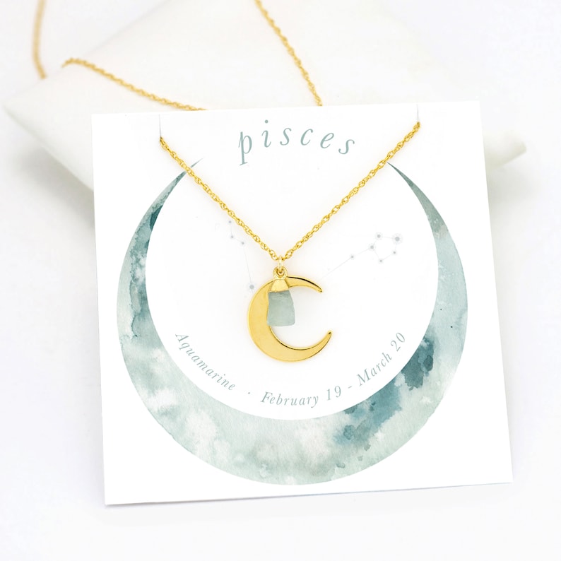 Taurus Horoscope Necklace, Celestial Necklace, Stone Necklace, Zodiac Jewelry, Crescent Moon, Raw Emerald Stone, Dainty Moon, NK-N image 4
