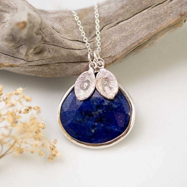 Lapis Lazuli Necklace Sterling Silver, Genuine Gemstone Pendant, September Birthstone Gift, Initial Necklace Silver, Handmade Gift, NK-20 image 1