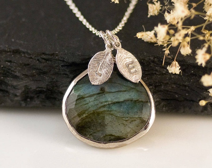 Labradorite Necklace Sterling Silver, Natural Gemstone Pendant, Personalized Initial Necklace, Best Friend Gifts, Handmade Jewelry, NK-20