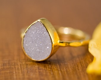 Rough Druzy Ring Gold - April Birthstone Ring - Gemstone Ring - Stacking Ring - Gold Ring - Tear Drop Ring