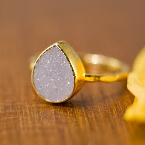 Rough Druzy Ring Gold - April Birthstone Ring - Gemstone Ring - Stacking Ring - Gold Ring - Tear Drop Ring