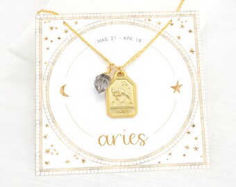 April birthday Gift, Aries Zodiac Gift under 30, Horoscope Tag, Herkimer Diamond Crystal Charm Necklace, Celestial Gold Zodiac Tag Necklace