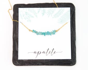 Blue Apatite Crystal Bar Necklace, Wellness Crystal Gift for Friend, Raw Natural Gemstone Bar, Beaded Layering Choker, Gold / Silver / Rose