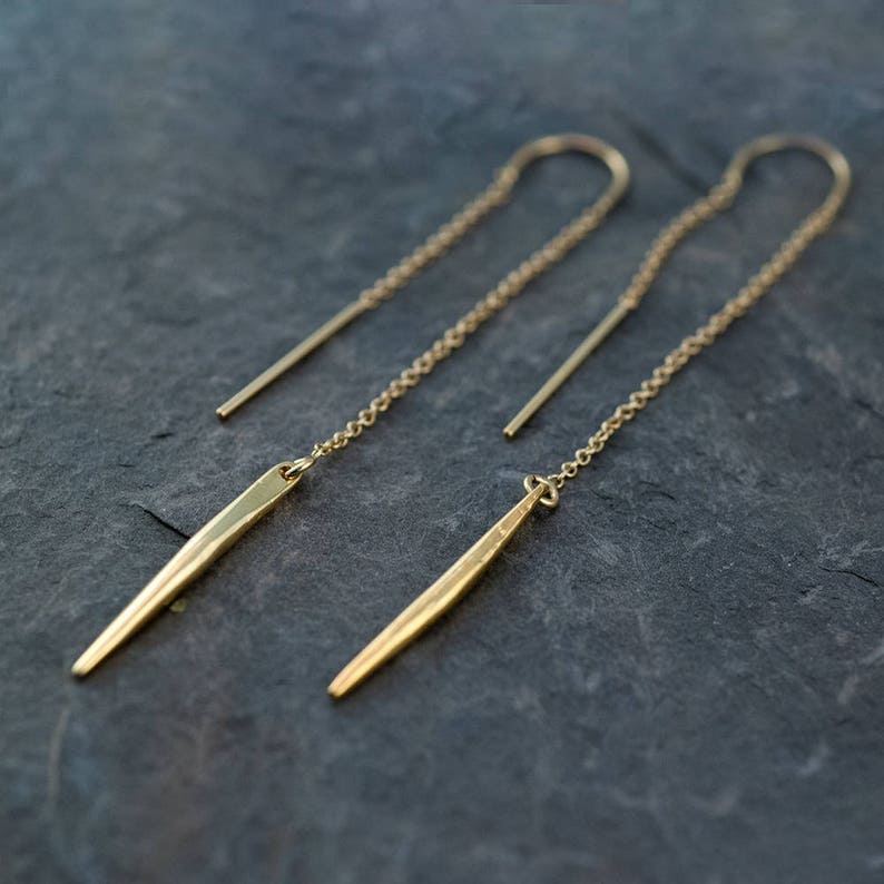 Long Gold Bar Threader Earrings, Minimalist Earrings, Simple Ear Threaders, Gift for Friend, Gold Dangle Earring, Everyday image 1