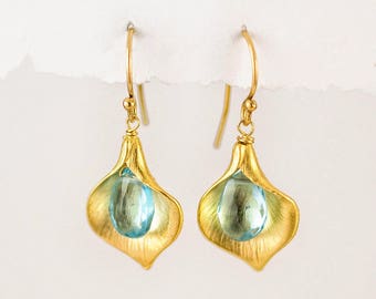 Dainty Blue Topaz Earrings, December Birthstone Earrings, Calla lily Earrings, Gift for Mom, Birthday Gift for Her, Birthstone Jewelry