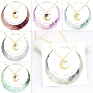 Taurus Horoscope Necklace, Celestial Necklace, Stone Necklace, Zodiac Jewelry, Crescent Moon, Raw Emerald Stone, Dainty Moon, NK-N image 8