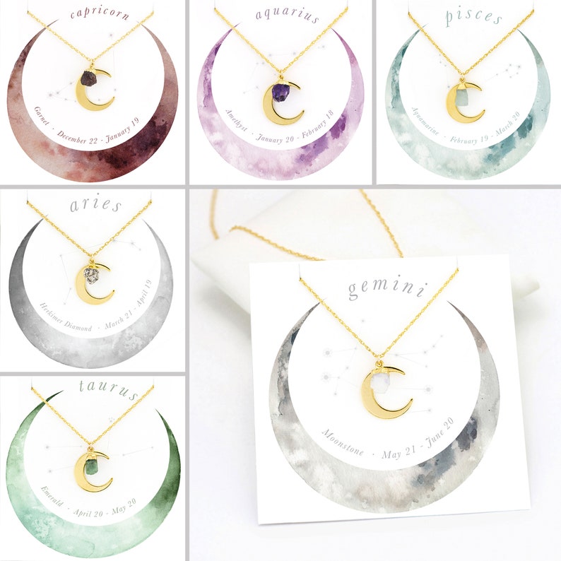 Taurus Horoscope Necklace, Celestial Necklace, Stone Necklace, Zodiac Jewelry, Crescent Moon, Raw Emerald Stone, Dainty Moon, NK-N image 8