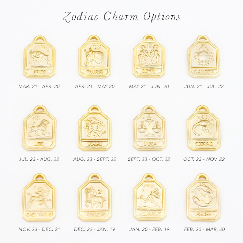 May include: Gold zodiac charm options for necklaces or bracelets. Each charm features a different zodiac sign with its corresponding dates. The charms are arranged in a grid with the zodiac sign and dates listed below each charm.