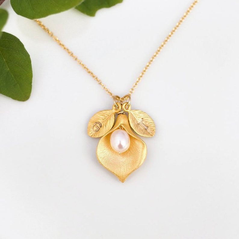 Personalized Necklace, Freshwater Pearl Bridesmaid Necklace, June Birthstone, Custom Stamped Initials, Gold Filled Chain, Floral Calla Lily image 1