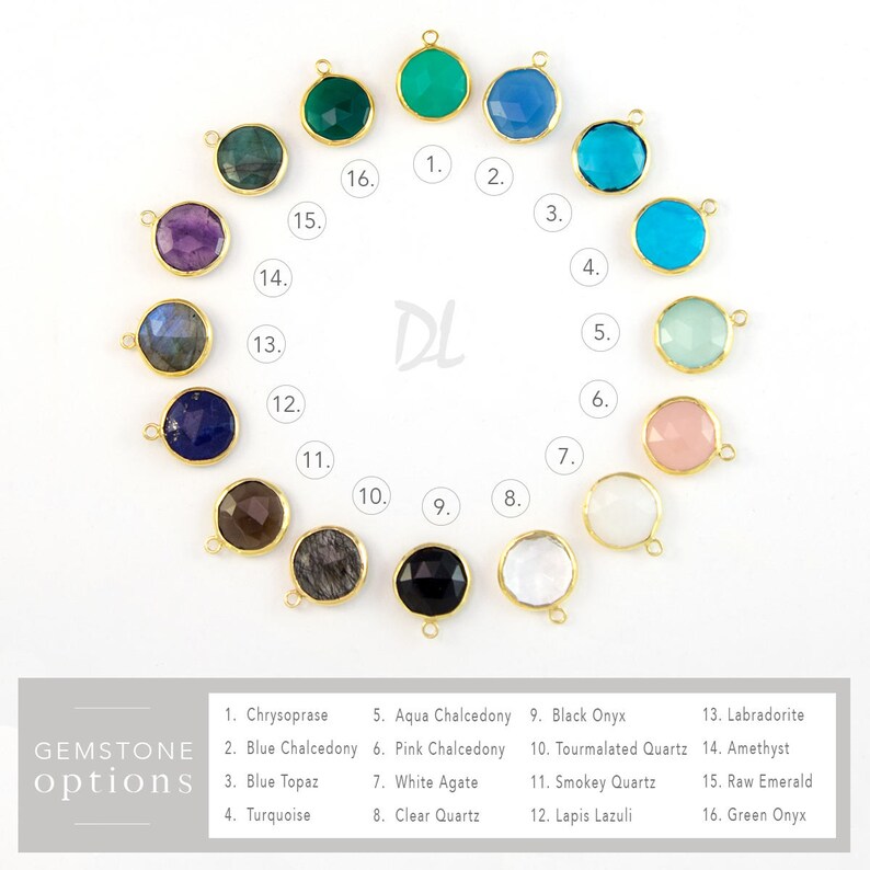 May include: A chart of 16 gemstone options for jewelry. The gemstones are displayed in a circle with their corresponding numbers and names listed below. The gemstones include chrysoprase, blue chalcedony, blue topaz, turquoise, aqua chalcedony, pink chalcedony, white agate, clear quartz, black onyx, tourmalated quartz, smokey quartz, lapis lazuli, labradorite, amethyst, raw emerald, and green onyx.