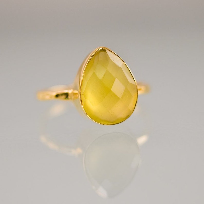 Yellow Crystal Solitaire Ring, Summer Jewelry, Yellow Chalcedony Ring Gemstone Ring Stacking Ring Gold Plated Cushion Cut Ring image 4