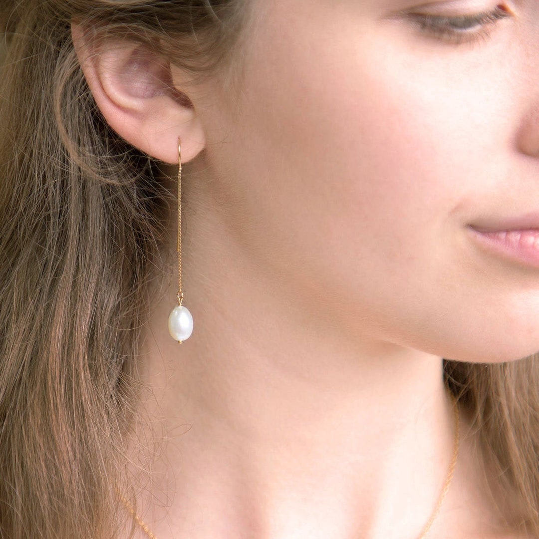 Freshwater Pearl Drop Threader Earrings 14k Gold Filled - Etsy