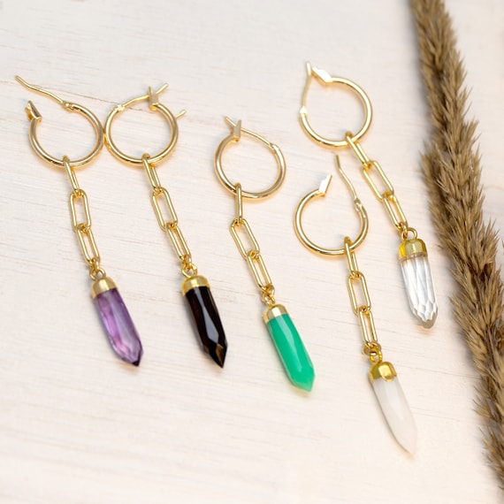Crystal Spike Paperclip Chain Huggies, Gemstone Point Charm Huggie