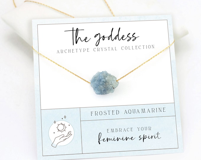 Rough Cut Aquamarine  Necklace, Goddess Crystal Layering Necklace, Spiritual Gratitude Gift, Tarot Archetype, March Birthstone