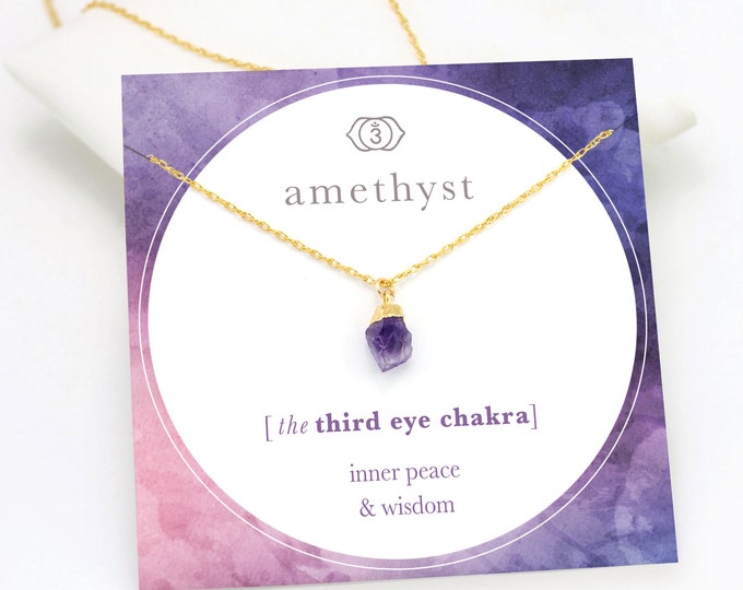 Purple Amethyst Crystal Necklace, Genuine February Birthstone Necklace, Intuition Third Eye Chakra Gift for Her, Raw Rough Cut Stone