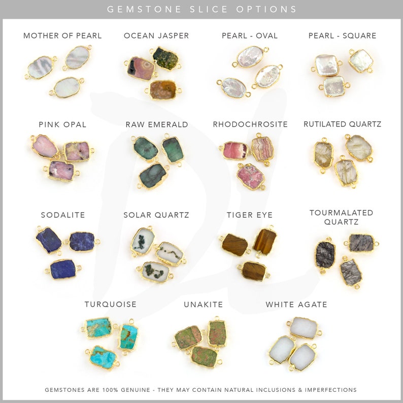 May include: Assortment of gemstone slices with gold-toned metal accents. The slices are arranged in rows with labels for each type of gemstone: Mother of Pearl, Ocean Jasper, Pearl - Oval, Pearl - Square, Pink Opal, Raw Emerald, Rhodochrosite, Rutilated Quartz, Sodalite, Solar Quartz, Tiger Eye, Tourmalated Quartz, Turquoise, Unakite, White Agate.