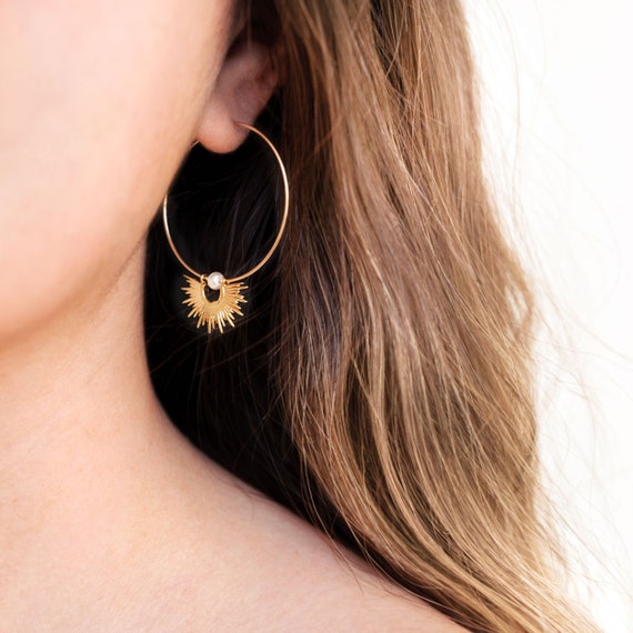 Gold Sun Pearl Hoops, Starburst Earrings, Celestial Jewelry, Tiny Freshwater Pearl Charm Hoop Earrings, Summer Jewelry Set, Boho Teen Gift