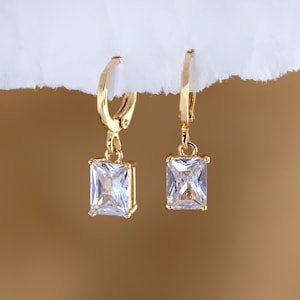 Diamond Dangle Huggie Earrings, Trending Baguette Hoops, Perfect Minimalist Look, Bridesmaids Gifts, Wedding Earrings, Bridal Earrings