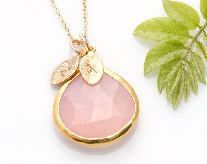 Unique Birthday Gift for Her, Pink Stone Necklace with Personalized Hand stamped Initials on 14k Gold Chain, Perfect Gift for Big Sister