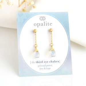 Opal Drop Stud Earrings, Minimalist Raw Cut Opalite Chain Dangle Posts, October Birthstone Birthday Gift, Simple Everyday Stacking Earrings