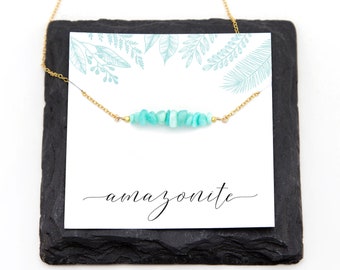 Amazonite Beaded Bar Necklace, Natural Gemstone Layering Choker, Minimalist Gold Filled Sterling Silver Chain, Tiny Raw Crystal Jewelry Gift