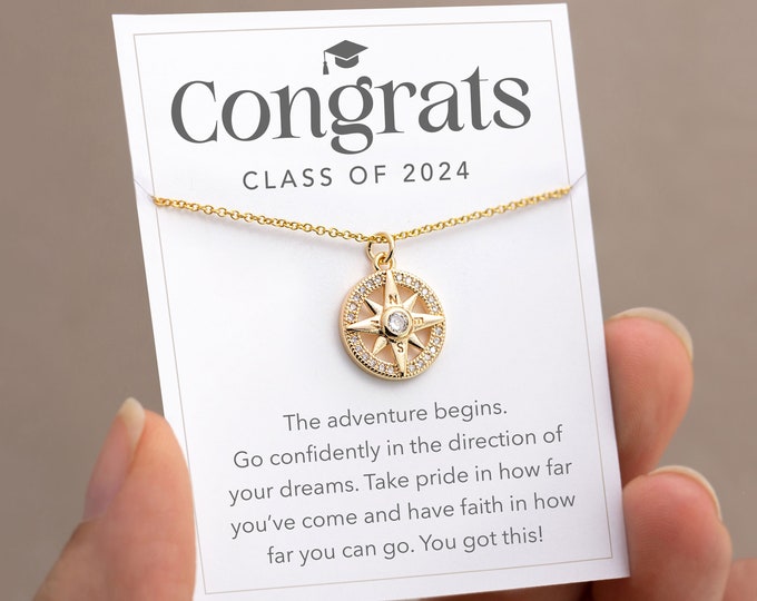 Class of 2024 Graduation Gift, Dainty CZ Compass Necklace, Gift for High School Senior Grads, College Graduation Jewelry, Gold Filled Chain