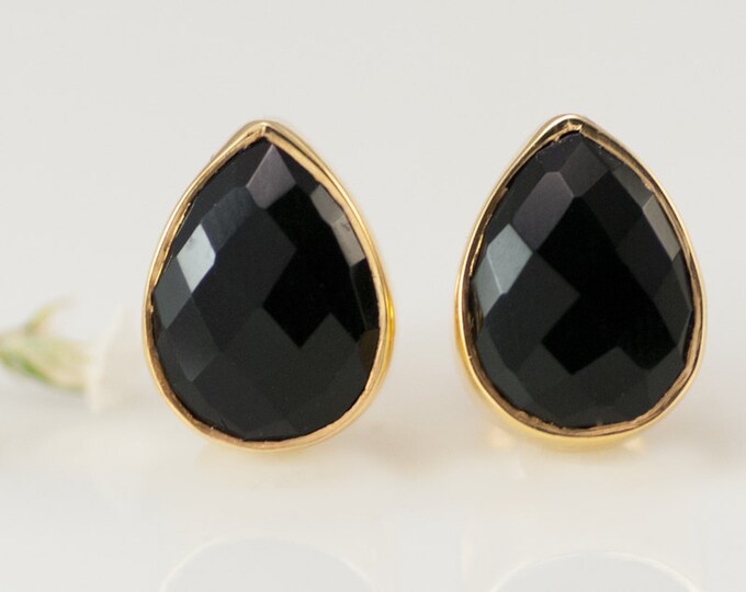 Black Onyx Stud Earrings - Gemstone Studs - Tear Drop Studs - Gold Stud Earrings - Post Earrings