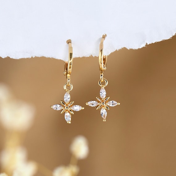 Floral CZ Hoops, Dainty Starburst Diamond Drop Huggies, Huggie Hoops  Earrings with Charm, Simple Bridal Jewelry Gift, Tiny Gold Dangle Hoops