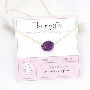 Colar de fluorita roxa mística, colar de camadas de cristal espiritual, pedra preciosa bruta de manifestação de clareza, presentes de joias com cartão de mensagem
