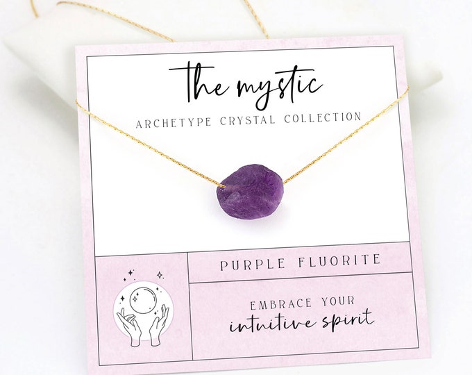 Mystic Purple Fluorite Necklace, Spiritual Crystal Layering Necklace, Clarity Manifesting Raw Gemstone, Message Card  Jewelry Gifts