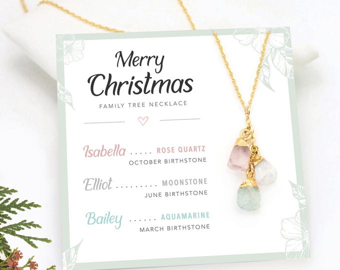 Personalized Christmas Card, Raw Crystal Birthstone Necklace for Mom, Special Meaningful Gift from Daughter, Family Tree Jewelry Necklace