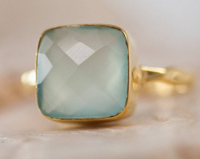 Aqua Blue Chalcedony Ring - Gemstone Ring - Stacking Ring - Gold Ring- Cushion Cut Ring