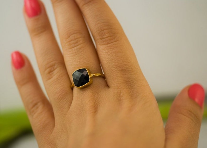 Black Onyx Ring, Round Gemstone Ring, Stacking Ring, Onyx Jewelry, Black and Gold, Modern Ring, Minimalist, Faceted Stone Ring, RG-RD image 8