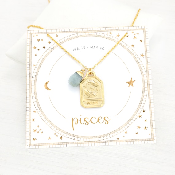 Celestial Pisces Necklace, Aquamarine Raw Crystal Charm Necklace, March Birthday Gift, Gold Zodiac Tag Layering Necklace, Everyday Jewelry