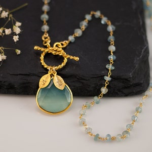 Aqua Blue Chalcedony Necklace - Personalized Necklace - Aquamarine Wire Wrapped March Birthstone Necklace - Gold Toggle Clasp