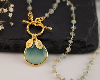 Aqua Blue Chalcedony Necklace - Personalized Necklace - Aquamarine Wire Wrapped March Birthstone Necklace - Gold Toggle Clasp