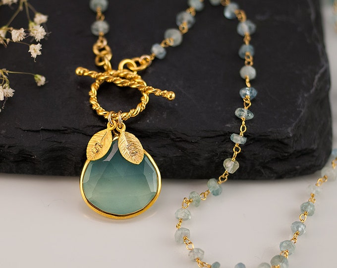 Aqua Blue Chalcedony Necklace - Personalized Necklace - Aquamarine Wire Wrapped March Birthstone Necklace - Gold Toggle Clasp