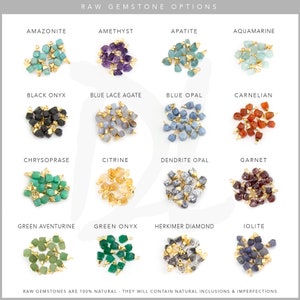 May include: A chart showing 16 different raw gemstone options. Each gemstone is shown in a pile of small, rough, natural stones with gold jump rings. The gemstones are: Amazonite, Amethyst, Apatite, Aquamarine, Black Onyx, Blue Lace Agate, Blue Opal, Carnelian, Chrysoprase, Citrine, Dendrite Opal, Garnet, Green Aventurine, Green Onyx, Herkimer Diamond, and Iolite.