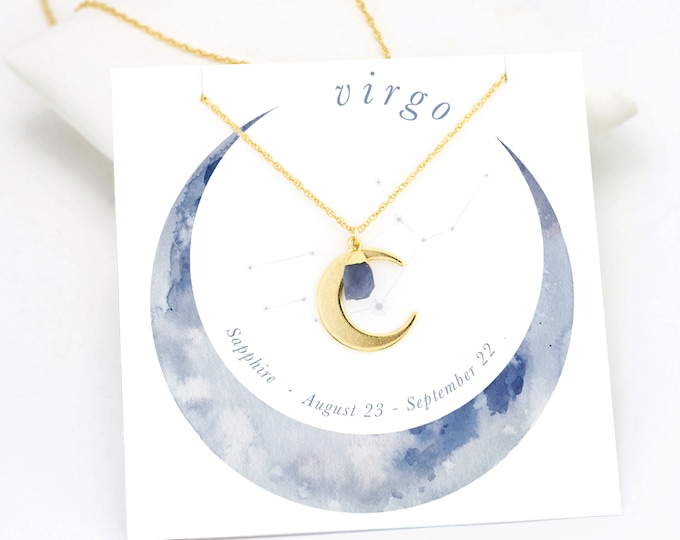 Dainty Sapphire Necklace, Gift for Virgo, Crescent Moon Necklace, Raw Cut Stone, September Birthstone, Horoscope Zodiac Gift, Astrology Gift